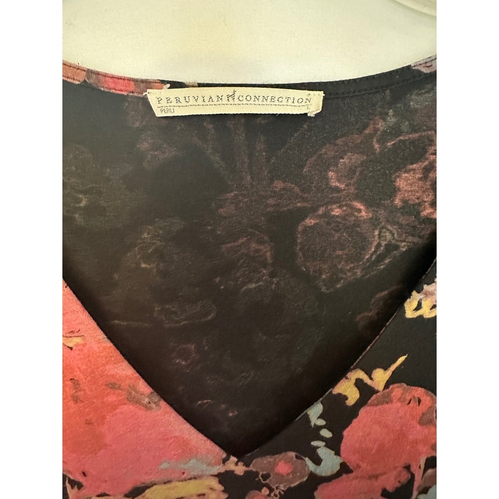 Peruvian Connection Floral Surplice Wrap Dress Large Black Pink Boho - Picture 2 of 6